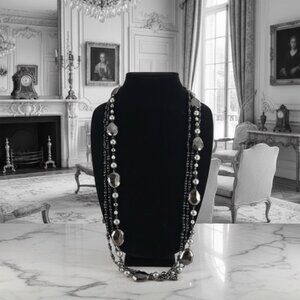 Premier Designs Long 3 layered Black, Gray and Silver Pearl and Gem necklace